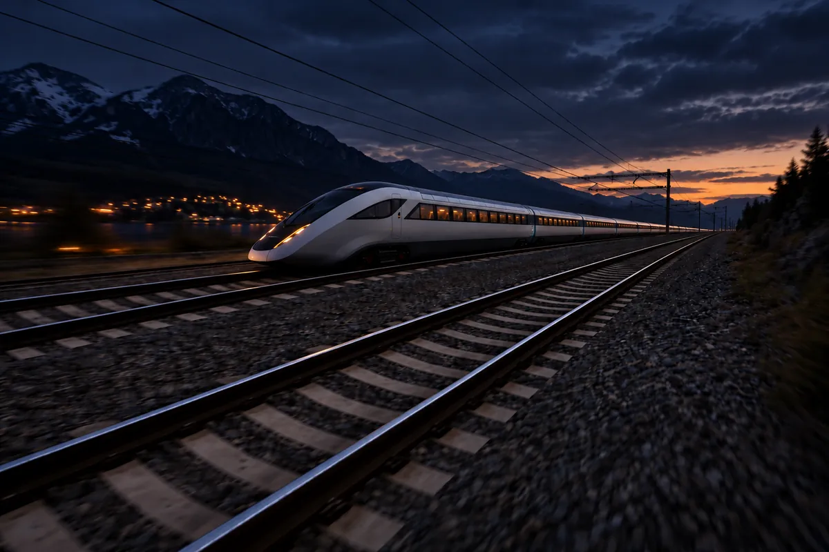 Un tren de alta velocidad recorre un valle de montaña al atardecer